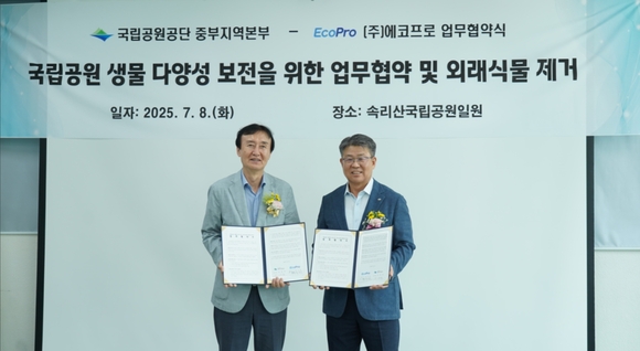 ▲최상운 에코프로 부사장(왼쪽)과 김대현 국립공원공단 중부지역본부장(오른쪽)이 지난 8일 속리산국립공원에서 국립공원 생물다양성 보전을 위한 업무협약을 체결했다. / 사진=에코프로 에코프로, 국립공원 생물다양성 보전 위한 MOU 체결