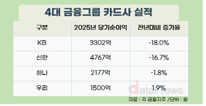 4대 금융 카드사, 순이익 역성장…역대급 실적낸 지주사와 대비