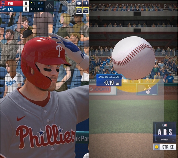 ▲컴투스는 2025년 ‘컴프야V’에 ABS(자동 투구 판정 시스템)를 도입한데 이어 ‘MLB 9이닝스 라이벌 26’에도 ABS 챌린지 시스템을 도입했다. 특히 MLB는 한국과 달리 ABS 판정에 대해 상황에 따라 챌린지하는 룰이 있는데, 이를 게임 속에 완벽히 구현했다. 사진은 'MLB 9이닝스 라이벌 26'에서 ABS 챌린지를 요청하는 선수 모습(왼쪽)과 'MLB 9이닝스 라이벌 26'의 ABS 챌린지 장면 / 사진 컴투스 ‘야구게임 명가’ 컴투스 “‘진짜 야구’ 향한 ‘진심’ 통했다”