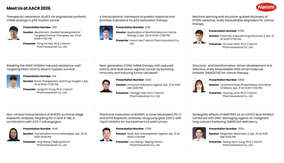 ▲한미약품이 AACR 2026에서 발표하는 주요 연구 포스터 초록 소개 / 사진=한미약품 한미약품, 미국암연구학회서 항암 비임상 연구 결과 9건 공개
