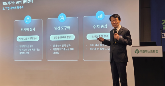 ▲권영범 영림원소프트랩 대표가 지난 15일 서울 서초구 JW메리어트호텔에서 열린 ‘2026 기업문화혁신 세미나’에서 기조발표를 하고 있다. / 사진=영림원소프트랩 영림원소프트랩 “질문이 경쟁력입니다”