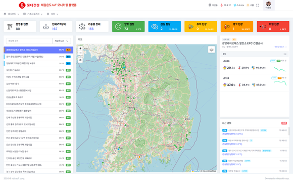 ▲‘체감온도 IoT 모니터링 플랫폼’ 대시보드 화면. 전국 현장의 IoT 온∙습도계 가동 상태, 실시간 체감온도, 위험단계 등을 지도를 통해 한눈에 파악할 수 있도록 구성돼 있다. / 사진=롯데건설 롯데건설, 전국 80개 현장에 체감온도 IoT 모니터링 플랫폼 도입