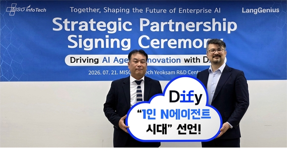 ▲남상도 미소정보기술 대표(왼쪽)와 마루단 기지 디파이 일본 대표가 전략적 업무협약을 체결한 뒤 기념촬영을 하고 있다. / 사진=미소정보기술 미소정보기술, AI 앱 개발 플랫폼 ‘디파이’ 개발사와 전략적 제휴
