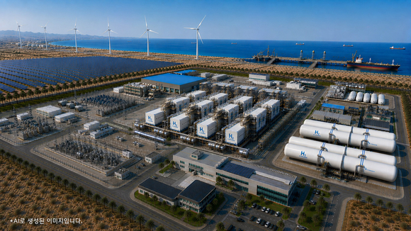 ▲재생에너지를 활용한 수전해 수소 플랜트 시설 AI 이미지 / 사진=현대건설 현대건설, 100MW 이상급 수전해 플랜트 국책과제 참여